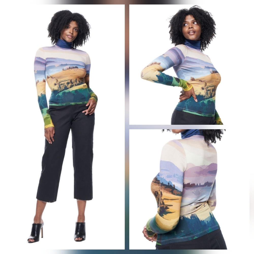 The KIT | Bamboo Cotton Turtleneck, Mountain Postcard Print, Size 2X